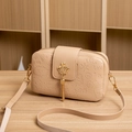 Beige faux leather crossbody bag with cartoon embossing and golden crown tassel - Khaki