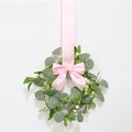 Pink satin ribbon bow hanging wreath with eucalyptus leaves and white berries decor - Gypsophila Eucalyptus Wreath with Pink Silk Bow