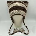 Brown and beige striped cat ear knit hat with star charms and crochet devil horns - Adult 56-59cm / Coffee Beige