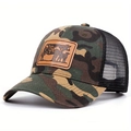 Detail of camouflage trucker hat with brown leather patch featuring a bull design - Adjustable / Camouflage