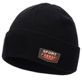 Gorro clásico de punto negro con parche deportivo de cuero marrón y remaches - L(58-60cm) / Negro
