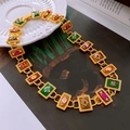 Detail of vintage gold necklace with colorful enamel links and inlaid rhinestones - Necklace-Multicolor