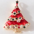 Broche de árbol de Navidad en esmalte rojo con cristales de colores en base oro - Árbol de esmalte rojo con diamantes de imitación multicolores