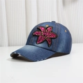 Detail of dark blue denim baseball cap with sequin flower patch and frayed brim edge - M (56-58cm) / Dark Blue Distressed Floral Style (2号款)