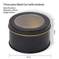 Black round tin can with clear window lid and gold trim, size 65mm diameter by 40mm height - Three-piece Window Lid Empty Box / Black