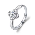 Silver adjustable ring with flower-shaped setting and round sparkling moissanite stone - 1-carat Four-leaf Clover Ring / Adjustable Open