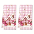 Pink gingerbread house and snowman Christmas microfiber dish towels set for kitchen decor - Design 2 (2PCS)