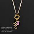 14K gold plated titanium steel letter M necklace featuring a pink gemstone pendant accessory - M