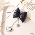 Black leather bow keychain with silver heart charms for bags and phones, 15cm length - Leather Heart Bow Pendant / String Loop-Black