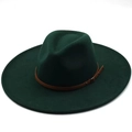 Dark green wide brim wool fedora hat featuring a brown leather belt with metal buckle - Moss Green