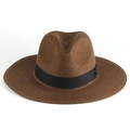 Cappello Fedora classico in paglia marrone scuro con nastro nero per protezione solare - M / Caffè Scuro