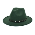 Close-up of the dark green wool fedora hat featuring a studded leather band and silver rivets - M (56-58cm) / Dark Green