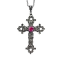 Close-up of vintage silver gothic cross pendant with pink gemstone and floral engraving - Silver Carved Cross - Pink Gemstone(AQ-4333)