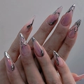 Long almond press-on nails with 3D silver liquid metal waves and purple gradient - Pink Purple Gradient Liquid Metal Style (1XC1-13497)