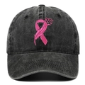 Casquette de baseball en coton délavé noir avec broderie ruban rose et plume - Réglable / Noir