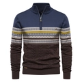 Men's navy half-zip knit sweater with geometric jacquard and cable knit textures - S / Denim Blue
