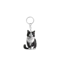 Macro detail of acrylic cat keychain with double-sided print and silver metal ring - Black White Cat Blue Eyes Style