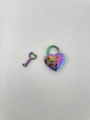 Iridescent rainbow stainless steel heart padlock and key necklace on white background - Multicolor Heart Lock + Key