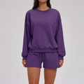Women's two-piece tracksuit set featuring dark purple sweatshirt and drawstring shorts - S / Deep Purple (Shorts Set)