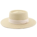 Dettaglio del cappello di paglia beige con nastro di raso per protezione solare estiva - M (56-58cm) / Beige con nastro beige