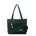 Dark green corduroy tote bag with large front pocket and fashionable leather label - Green