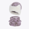 Winter knit hat and neck warmer set in light purple and brown heathered finish - Purple