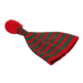 Christmas knitted beanie with red and green stripes and a large red pom-pom decoration - Red Green Striped Style With Red Pom-pom (H)