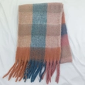 Rainbow mohair plaid scarf with brown, blue, and pink patterns and fringe trim - Style 35 Navy Floral