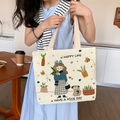 Off-white canvas tote bag featuring cute girl and puppy cartoon print with Happy Life text - Forest Style Girl