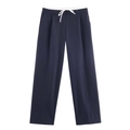 Pantaloni a gamba larga blu navy gessati con coulisse bianca su sfondo bianco - XS / Blu navy