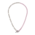 Silver Figaro chain necklace featuring pink double-row zircon stones and a T-bar clasp - Figaro Chain Patchwork / Silver Spliced Pink Zircon
