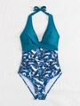 One-piece halter swimwear featuring deep green top and tropical leaf print with tummy control - Teal with White Floral