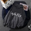 Deep grey fleece hoodie with white heartbeat print and drawstring hood for unisex wear - S / Tops / Dark Gray