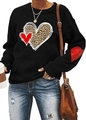Women's black long sleeve sweatshirt featuring leopard heart print and sleeve patches - Black Leopard Heart