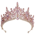 Exquisite gold bridal crown featuring pink crystals and leaf-shaped clear rhinestones - KC Gold White & Pink Rhinestone