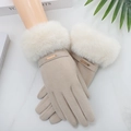 Light camel suede winter gloves featuring white faux fur trim and gold metal logo - White [Dralon]