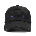 Distressed black cotton baseball cap with American flag and thin blue line patch - Adjustable / Black Blue Label
