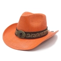 Detail of orange woven straw cowboy hat with embroidered band and faux gemstone buckle - M (56-58cm) / Orange