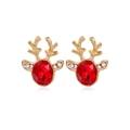 Golden reindeer stud earrings with a red oval gemstone and sparkling rhinestones - Red Rhinestone Reindeer Stud Earrings