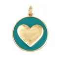 Teal enamel round pendant featuring a hammered gold heart charm and top hanging loop - Teal Blue Round Gold Heart Style ((M81 Heart Teal Blue))