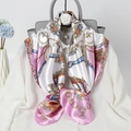 Pink and white silk scarf with classic carriage pattern draped on a white shirt - Purple Collar Chain