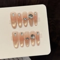 Luxury gold glitter cat-eye press-on nails set with rhinestones and pearls decoration - Golden Diamond Flow-Long Oval(W410) / Extra Small (XS)