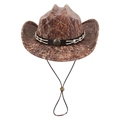 Chapeau de cowboy marron en daim avec texture vieillie et bande en cuir tressé décorative - M (56-58cm) / Café Clair