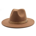 Classic brown wool fedora hat with woven decorative band and silver metal buckle - M (56-58cm) / Khaki