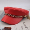 Detail of red PU leather baker boy hat with golden metal chain and side buttons - One Size 58cm / Red Diamond Chain Style