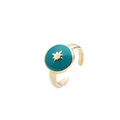 Detail of gold-plated adjustable ring with green enamel and a golden eight-pointed star - Adjustable Open / Blue Hexagram