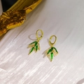 Elegant gold bamboo leaf earrings with green enamel and crystal stones on pearl fabric - E4029/Gold Bamboo Leaf Enamel