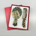 Vintage metal peacock mirror and comb set with colorful gems in a red gift box - Double Peacock (No. 2) / Bronze