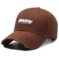 Distressed dark brown baseball cap with Thinking WISHFUL embroidery and ripped brim - Adjustable / Coffee