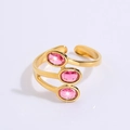 Golden titanium steel open ring featuring three vertical oval pink gemstones - Three Pink Stones Style (JZ23-1)